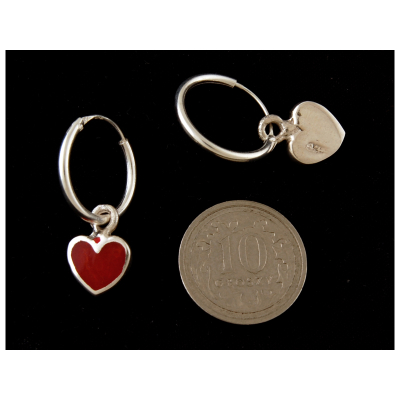 Kolczyki ze srebra kółka z przywieszką czerwone serce k3379  - 2,0g.